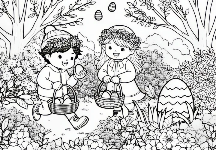 Easter egg hunt in the garden: free coloring picture for spring