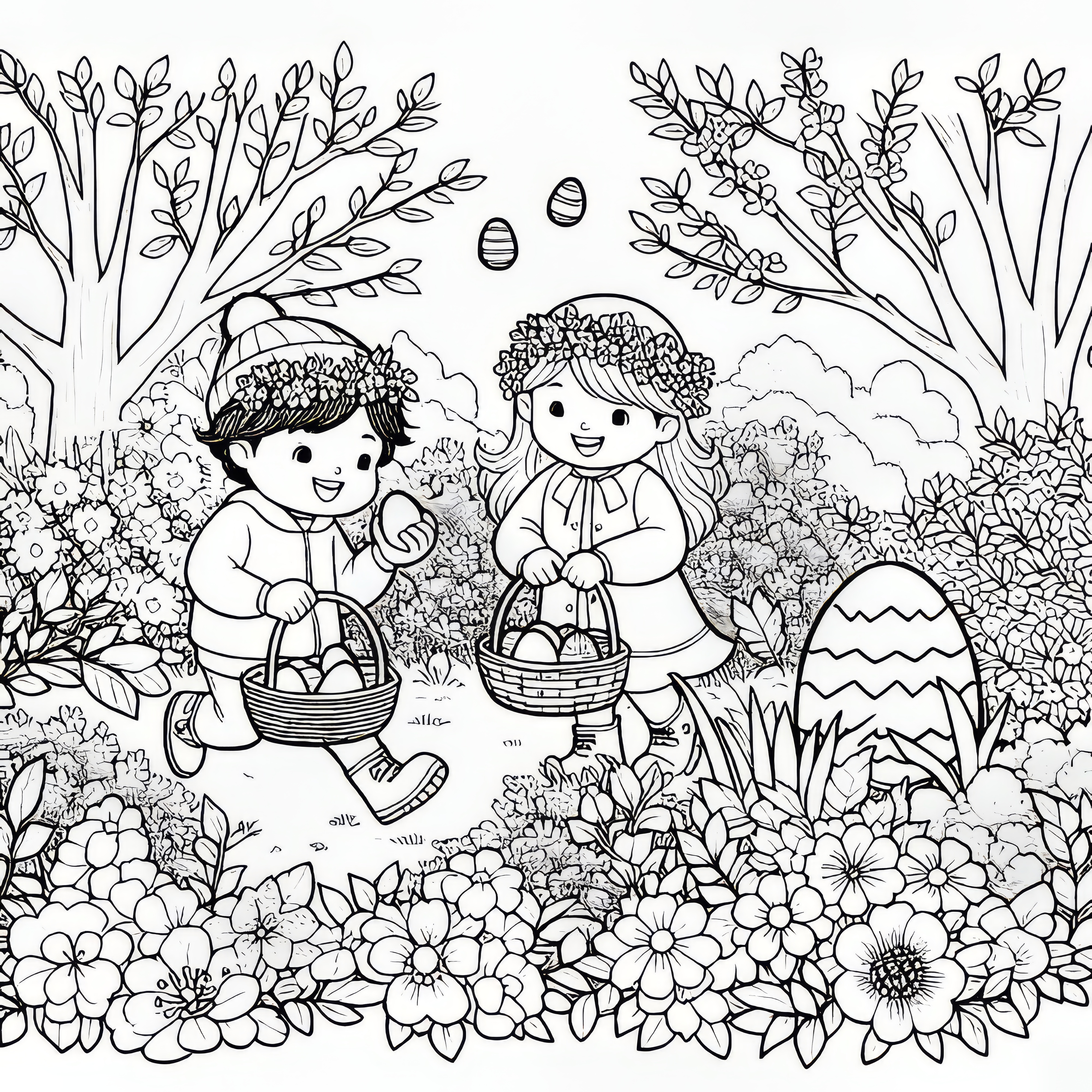 Easter egg hunt in the garden: free coloring page for spring