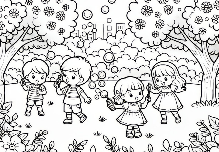 Children with soap bubbles in the garden: spring-fresh coloring picture