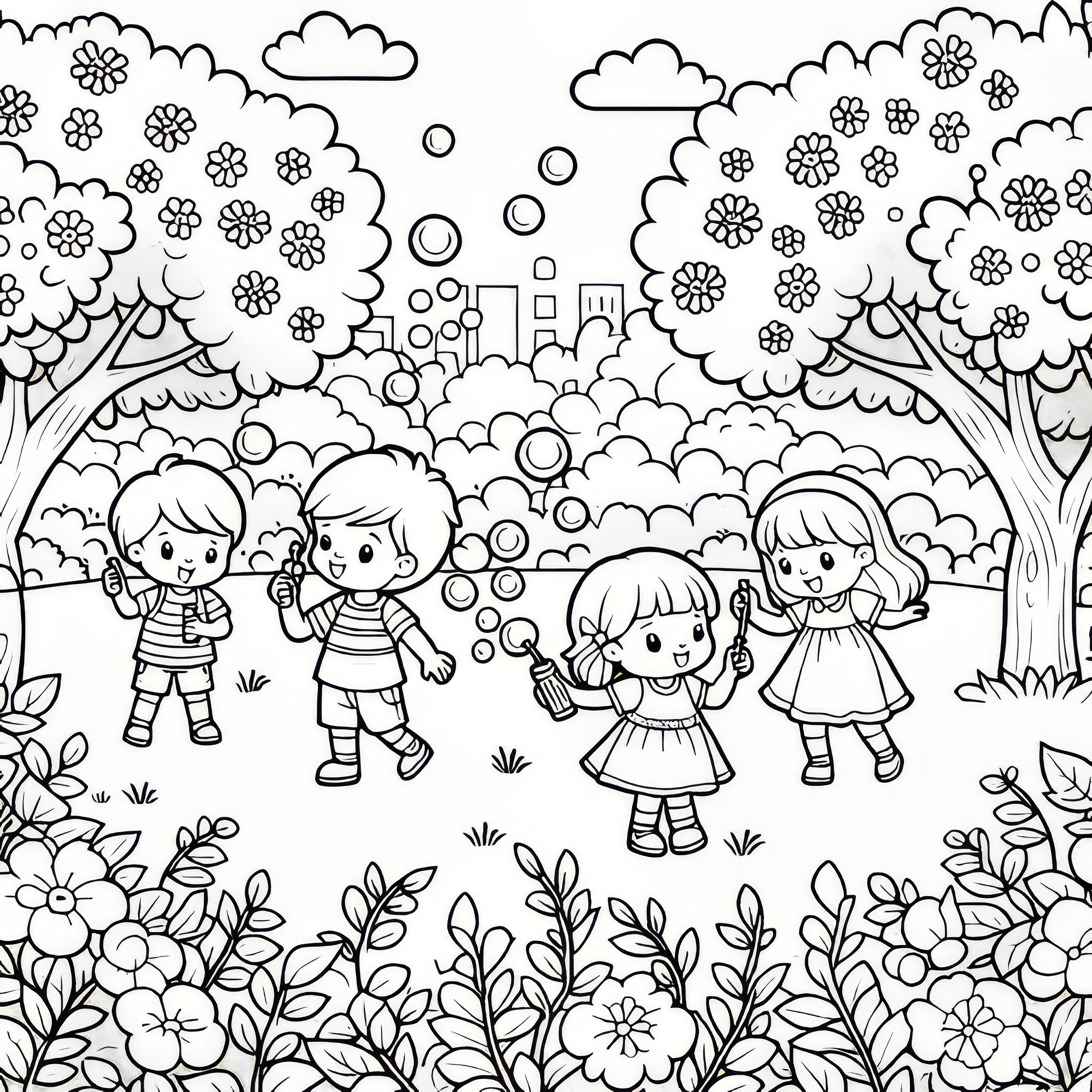 Children with soap bubbles in the garden: a spring-fresh coloring picture