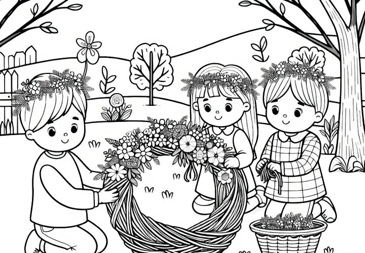 Children are braiding a flower wreath in the garden: Spring coloring page