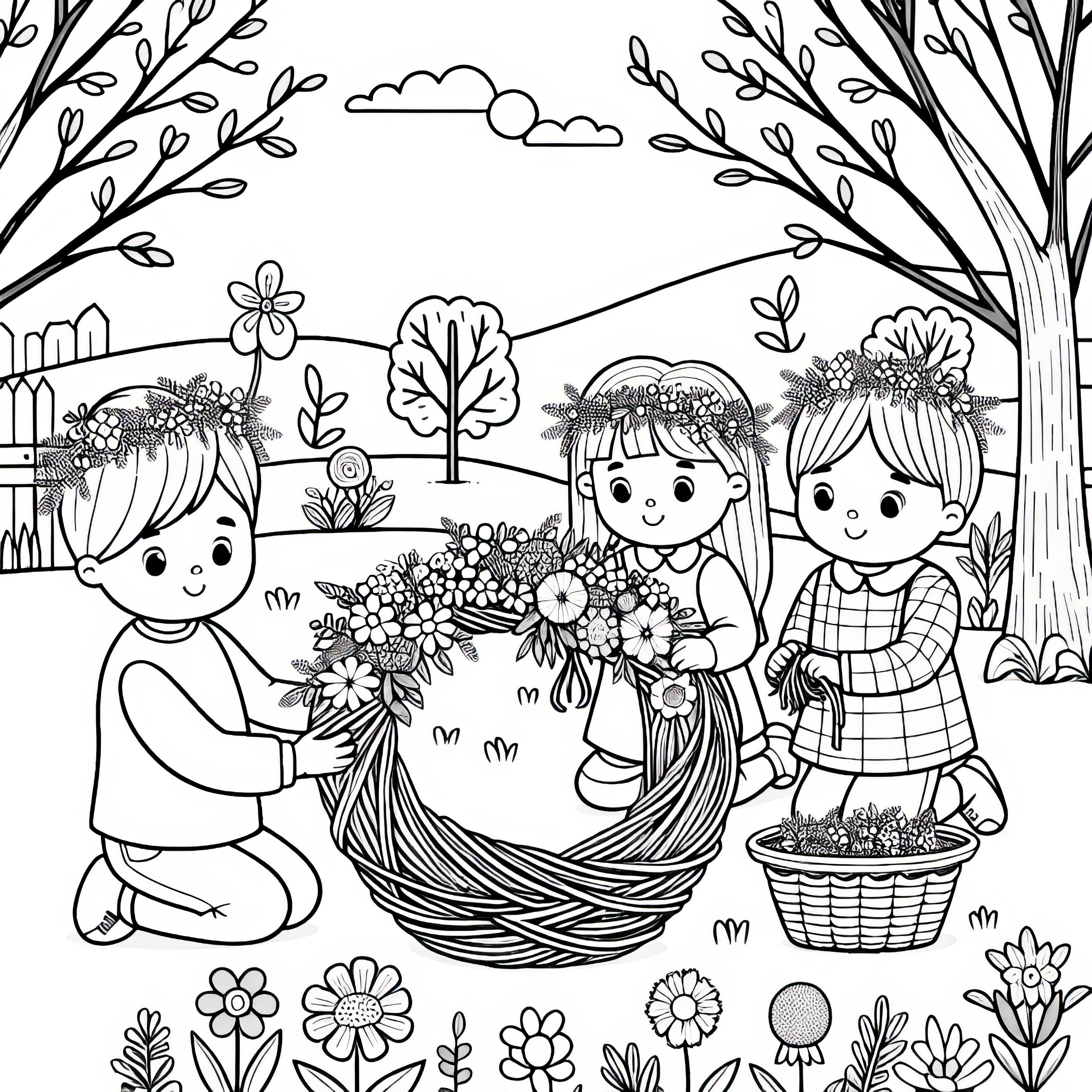 Children braid flower wreaths in the garden: Spring coloring template