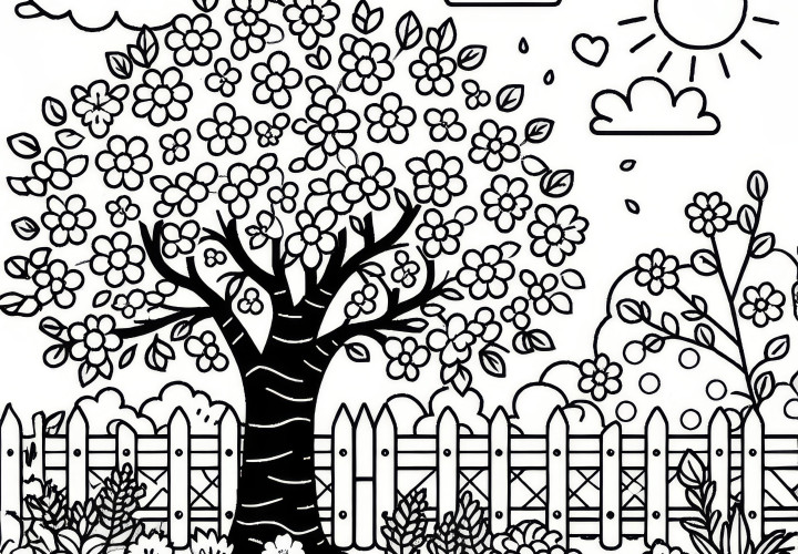 Cherry tree in the garden in spring: free coloring template