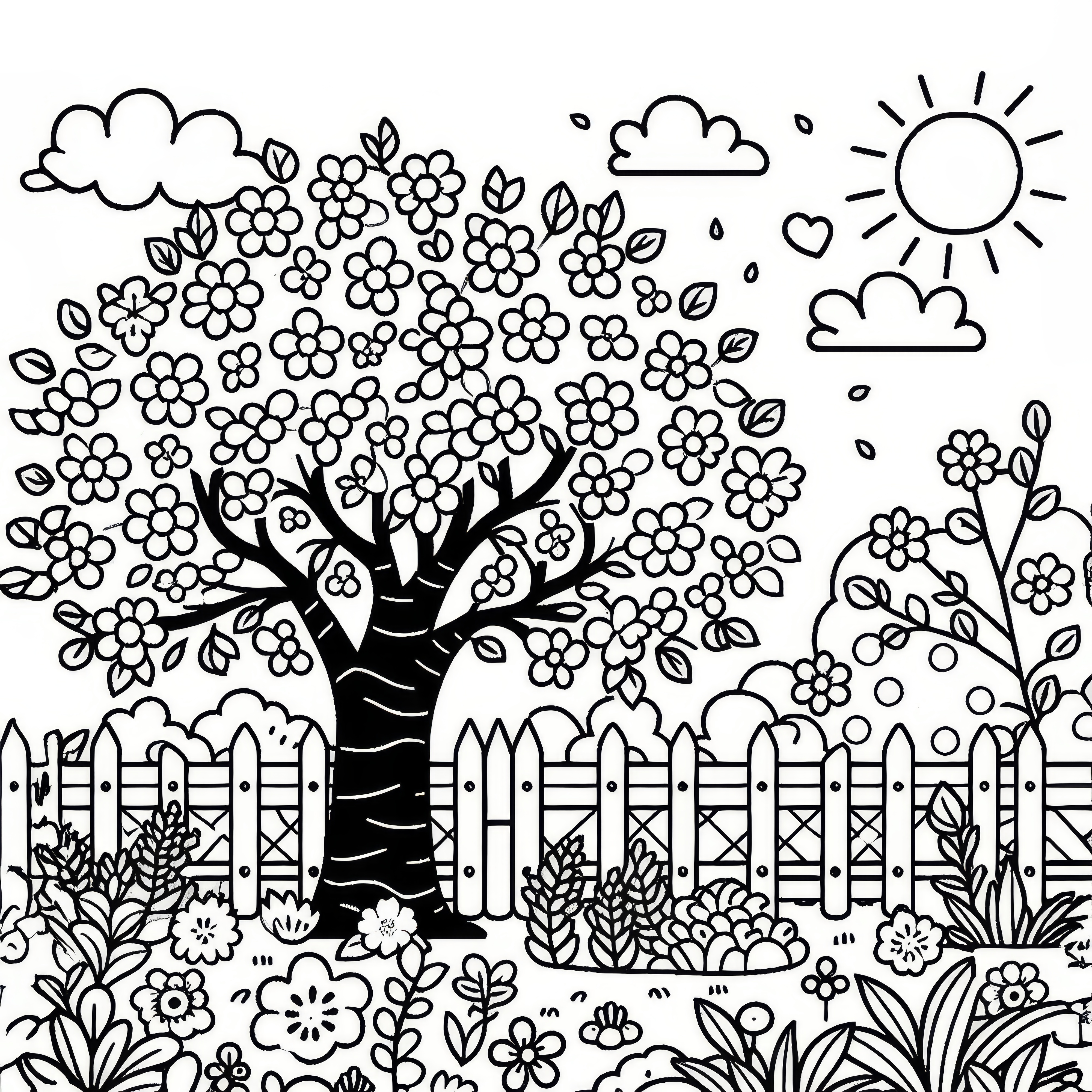 Cherry tree in the garden in spring: free coloring page