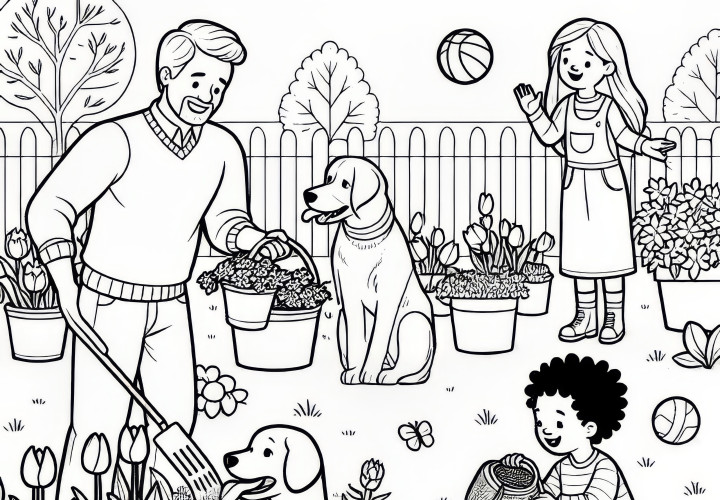 Family in the garden in spring: free coloring sheet