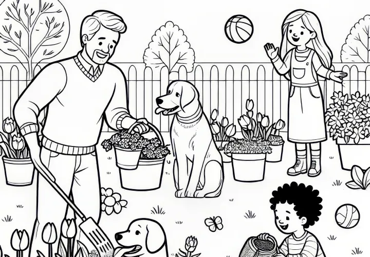 Family in the garden in spring: free coloring sheet