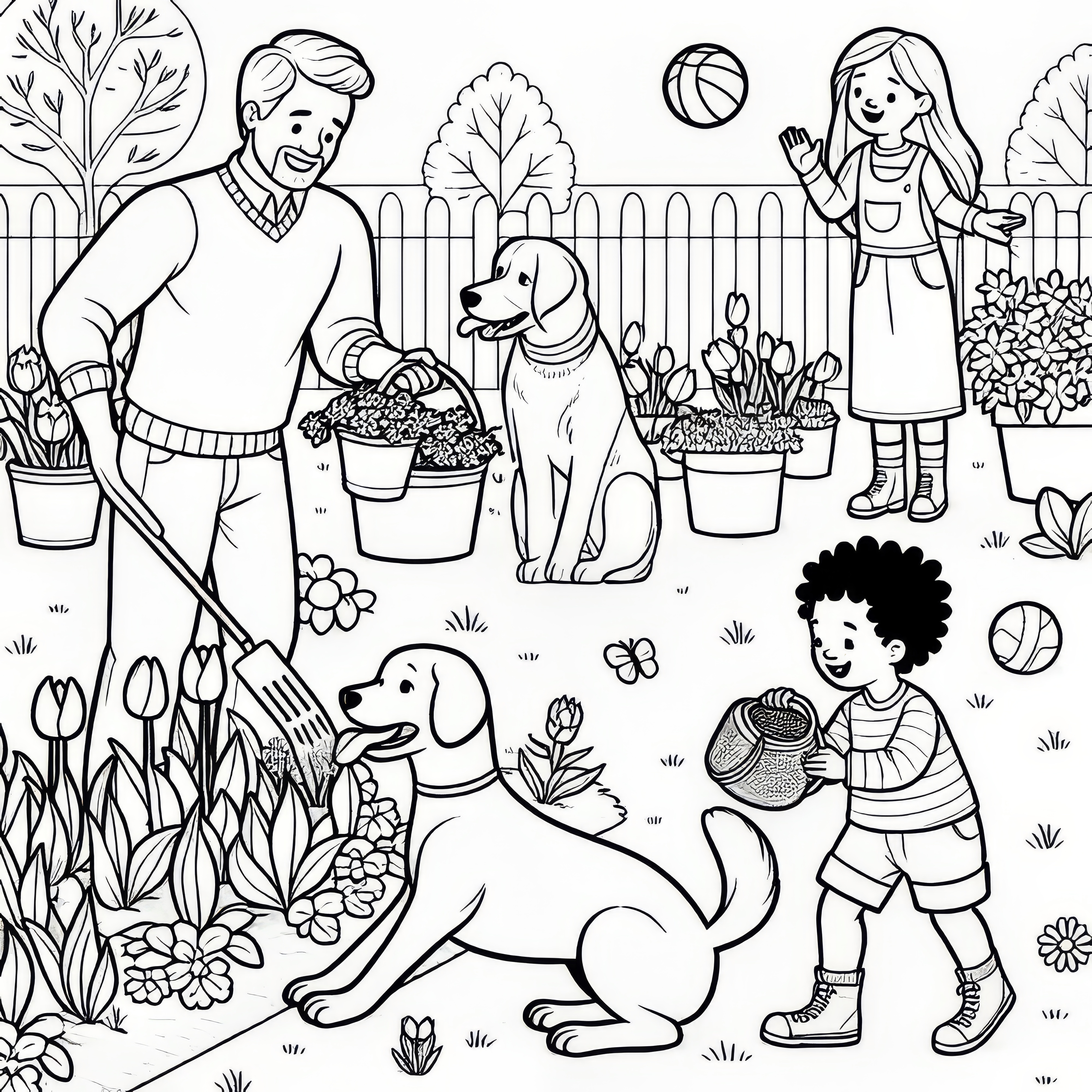 Family in the garden in spring: free coloring picture