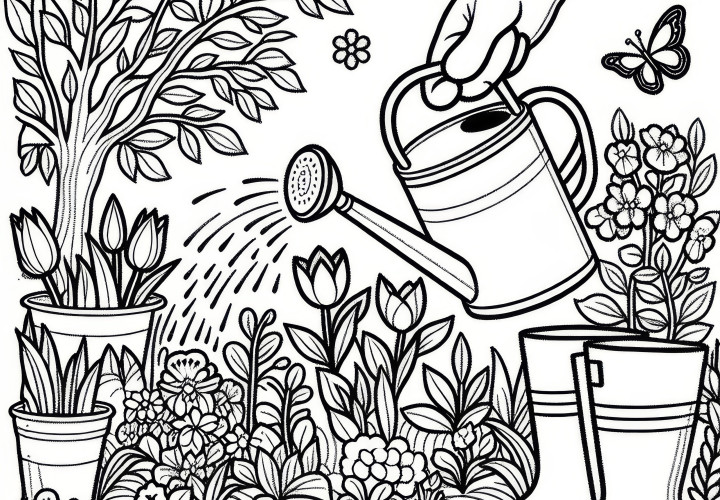 Gardening with watering can in spring (coloring picture)