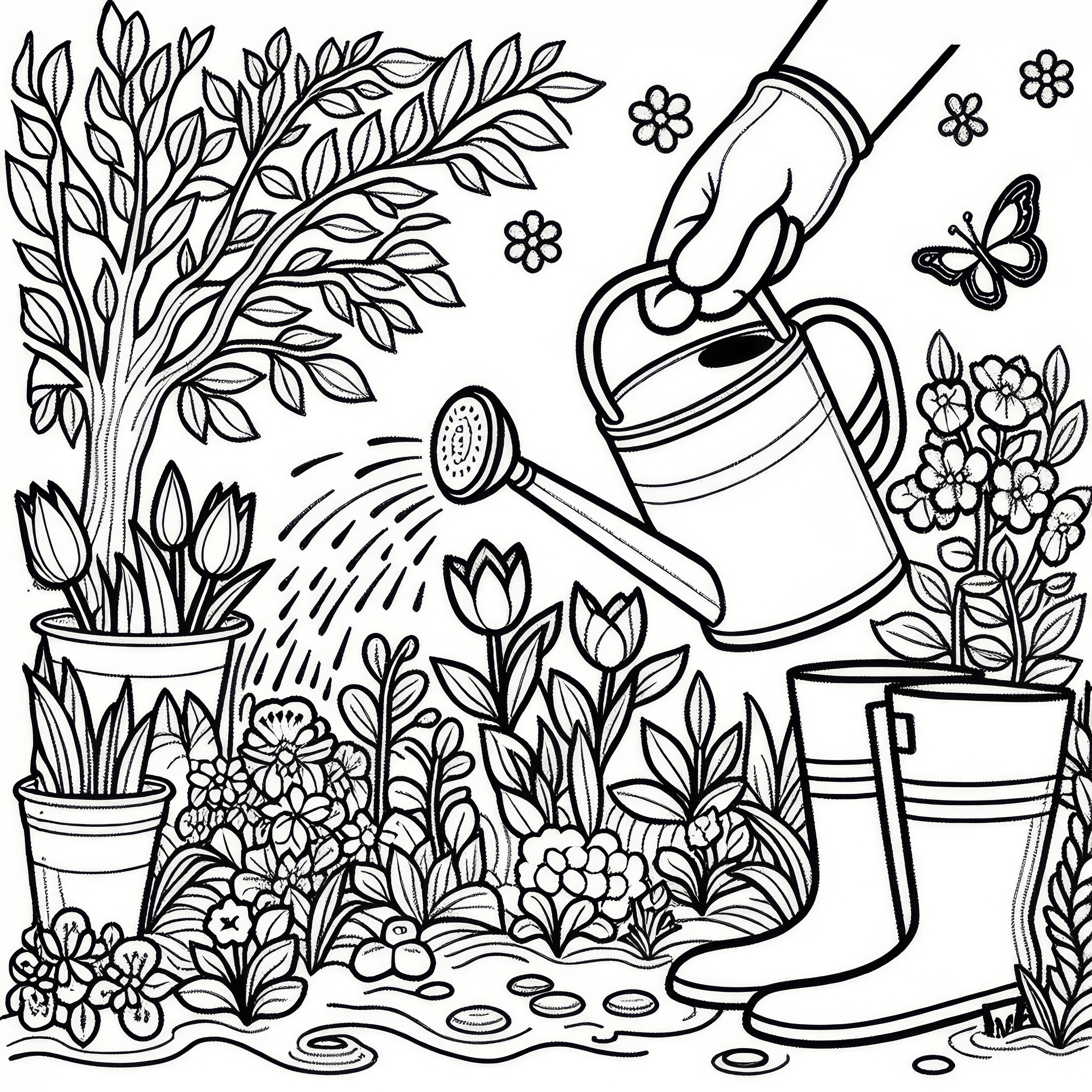 Gardening with watering can in spring (coloring picture)