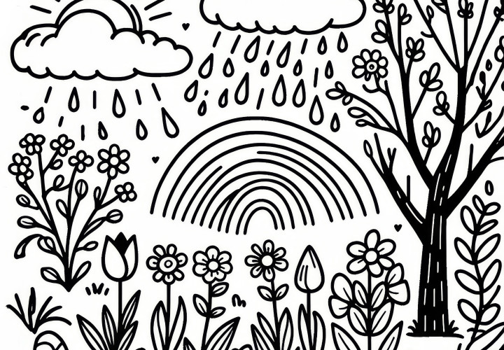 Spring landscape with rainbow: free coloring page