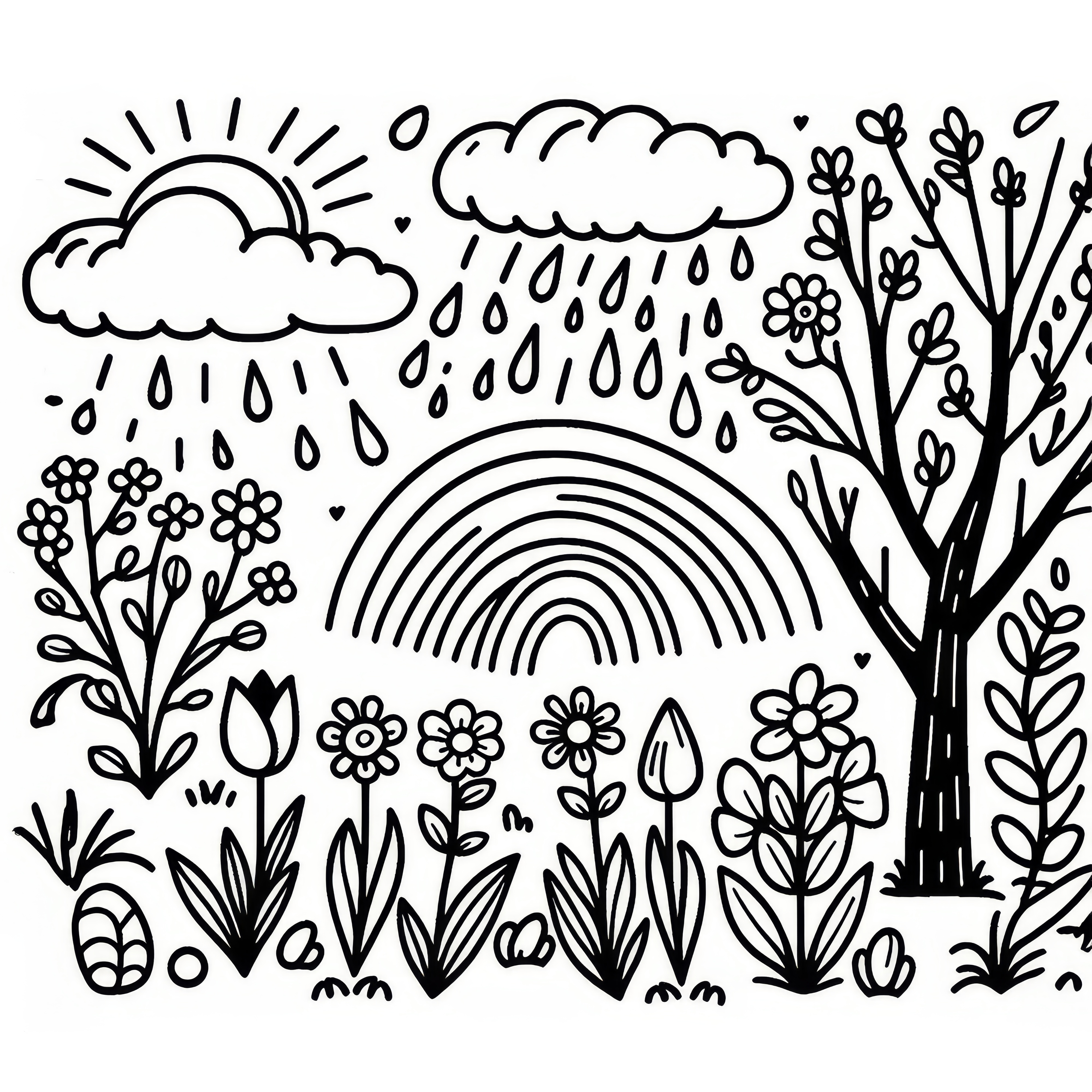 Spring landscape with rainbow: free coloring picture