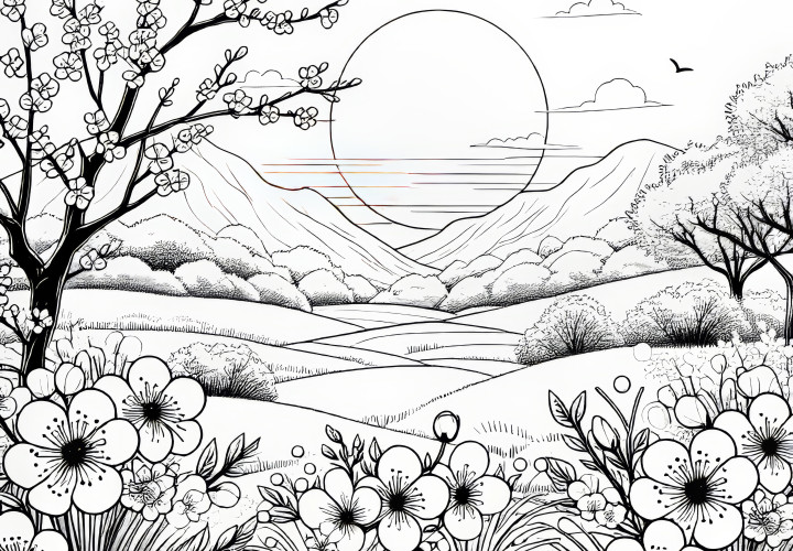 Sunrise in spring over a blooming landscape: coloring picture