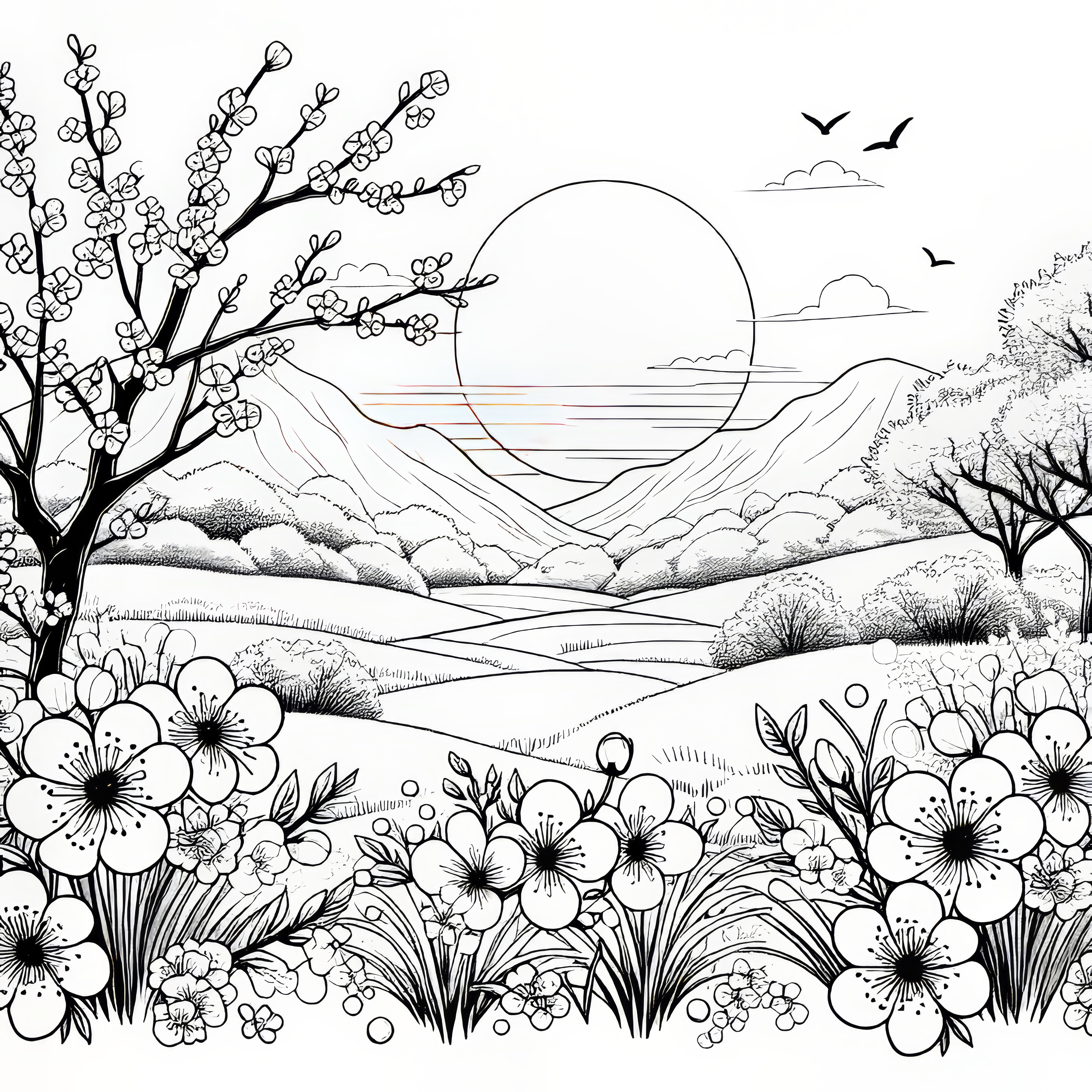 Sunrise in spring over a blooming landscape: coloring picture