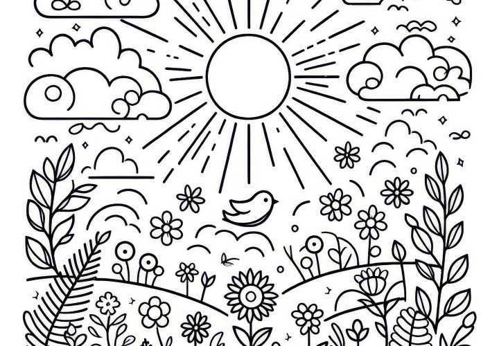 Spring sky with sun & clouds: free coloring page