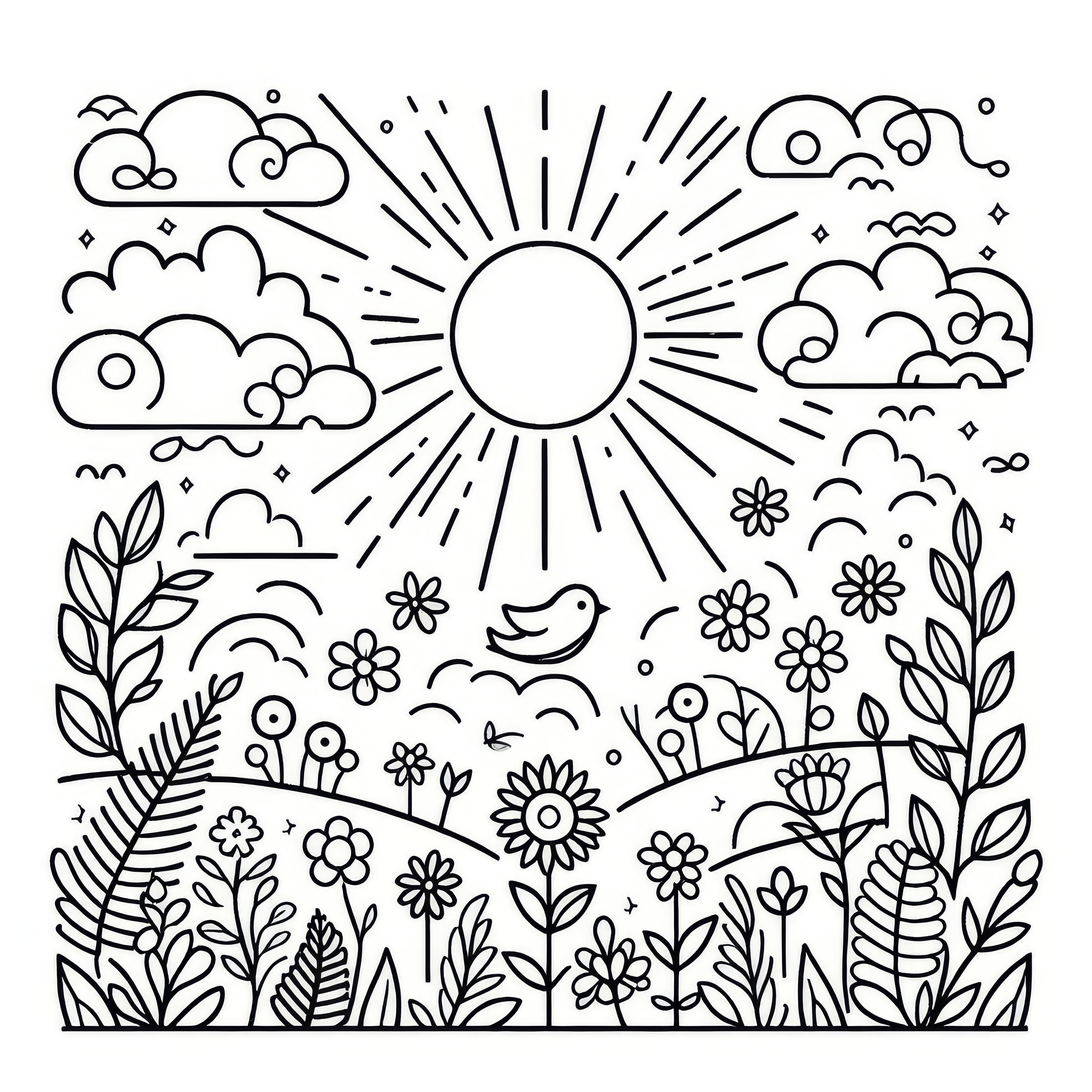 Spring sky with sun & clouds: free coloring template