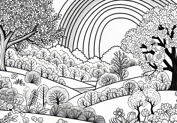 Rainbow over spring landscape: free coloring page