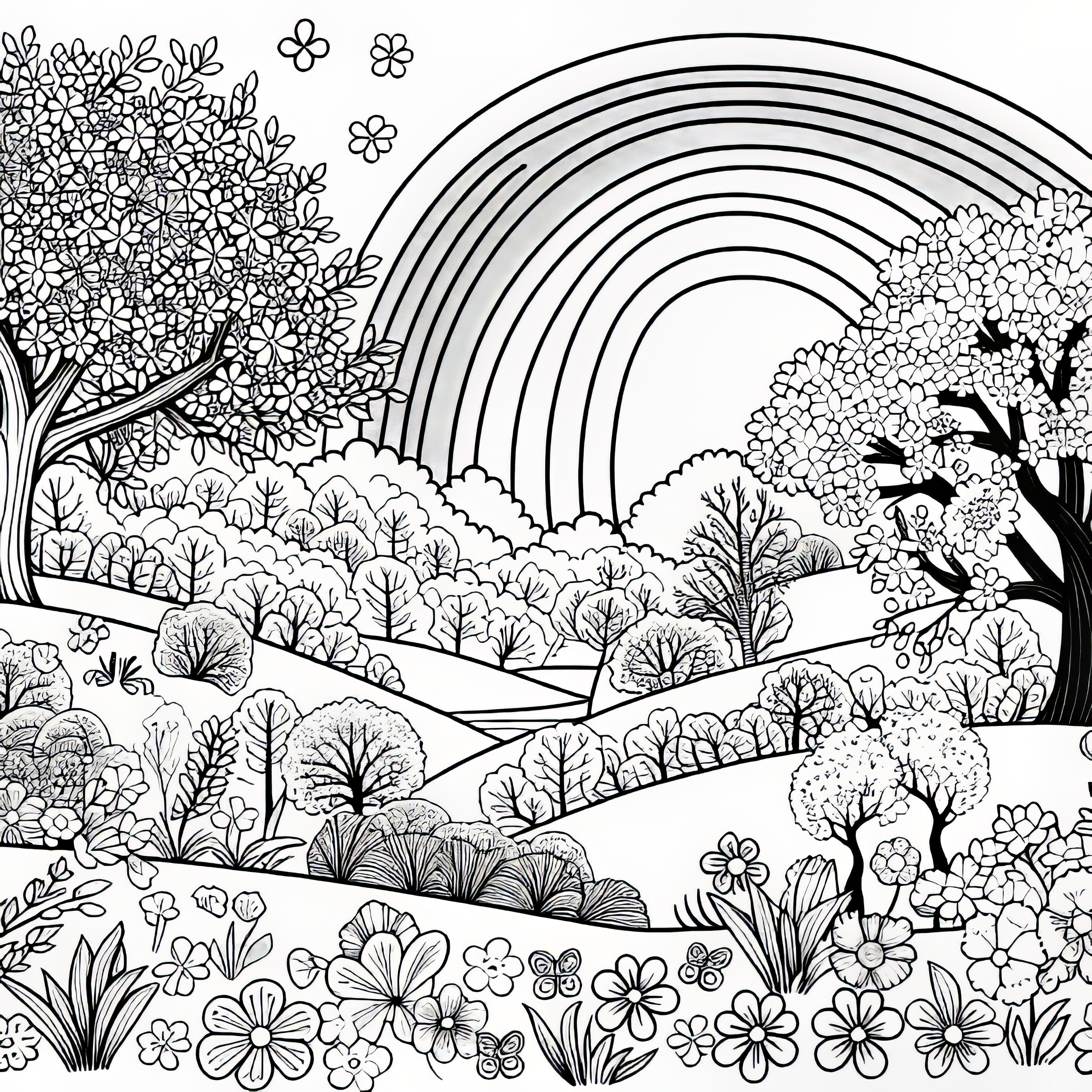 Rainbow over spring landscape: free coloring page