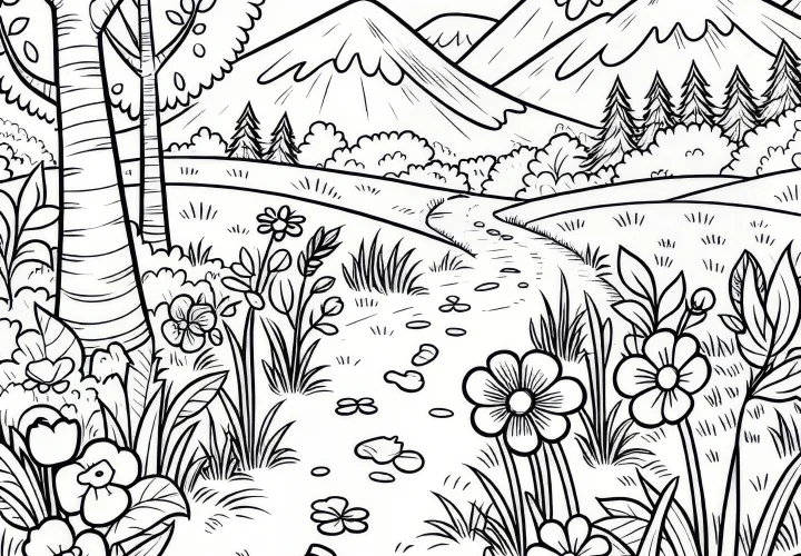 Hiking trail with flowers on the wayside: Coloring picture