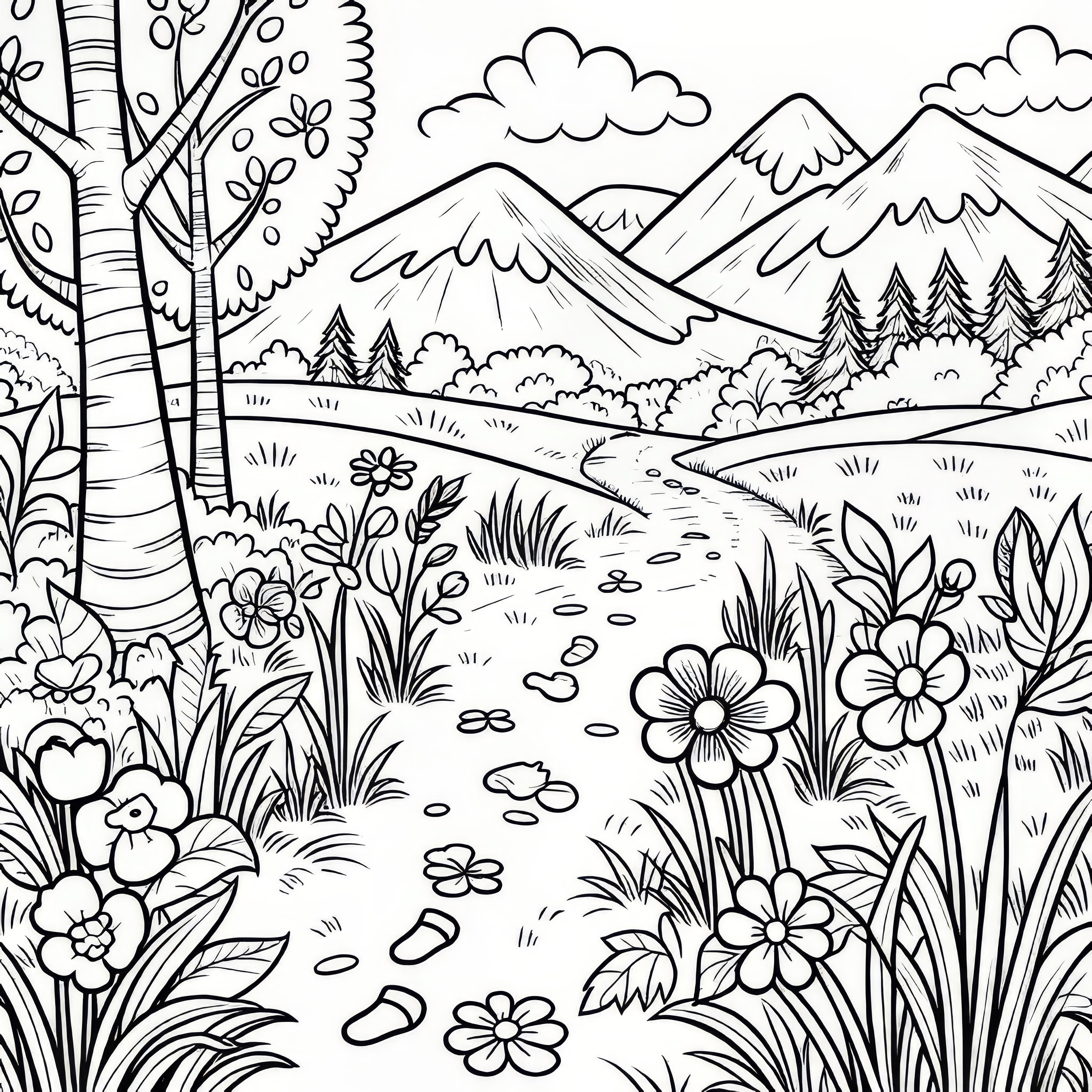 Hiking trail with flowers on the wayside: coloring picture