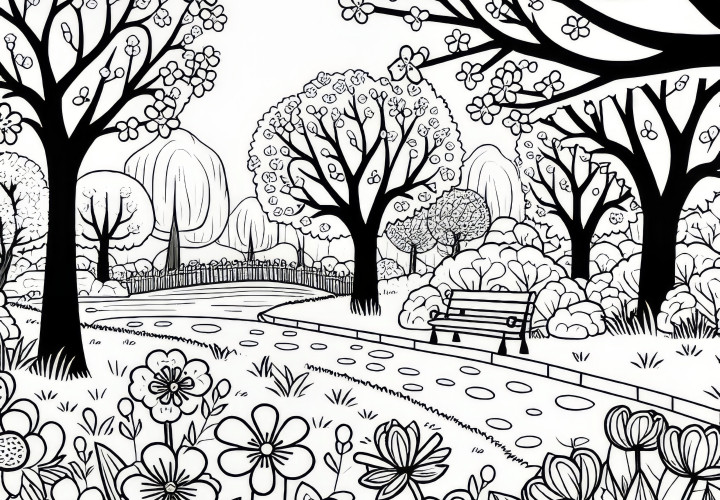 Park with blooming trees & flowers in spring: Coloring picture