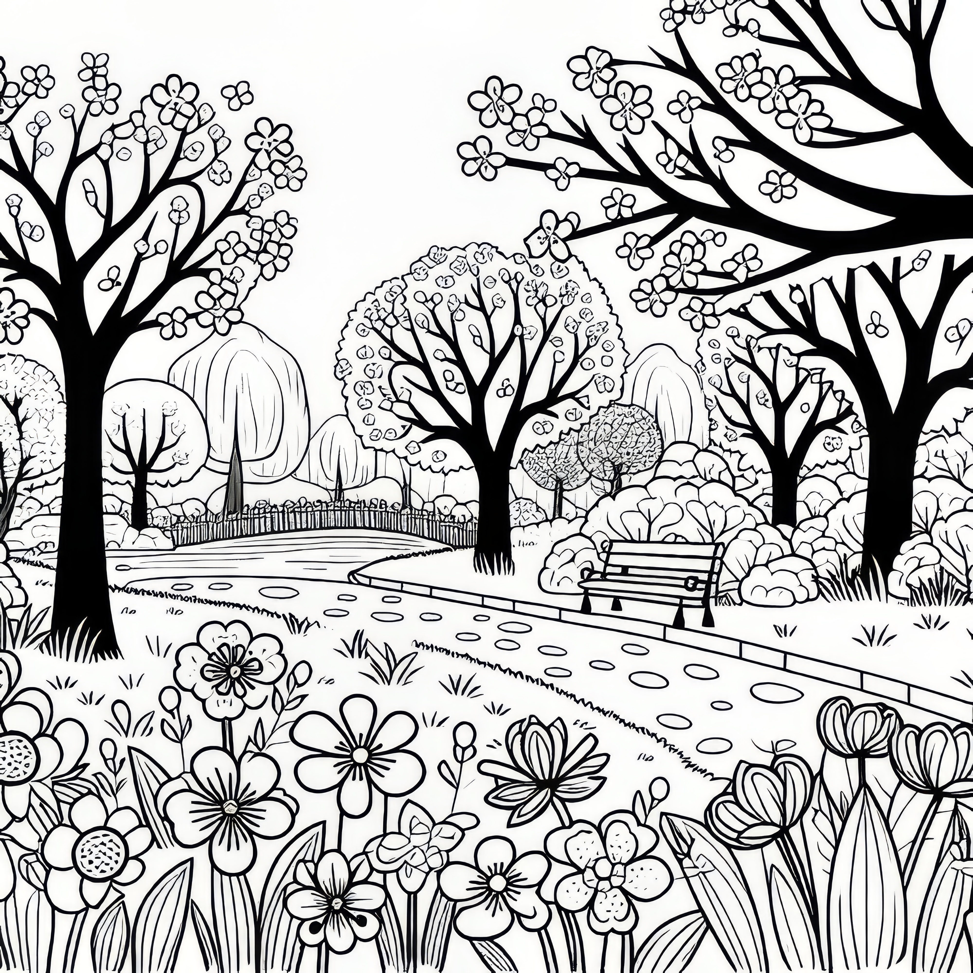 Park with blooming trees & flowers in spring: Coloring page