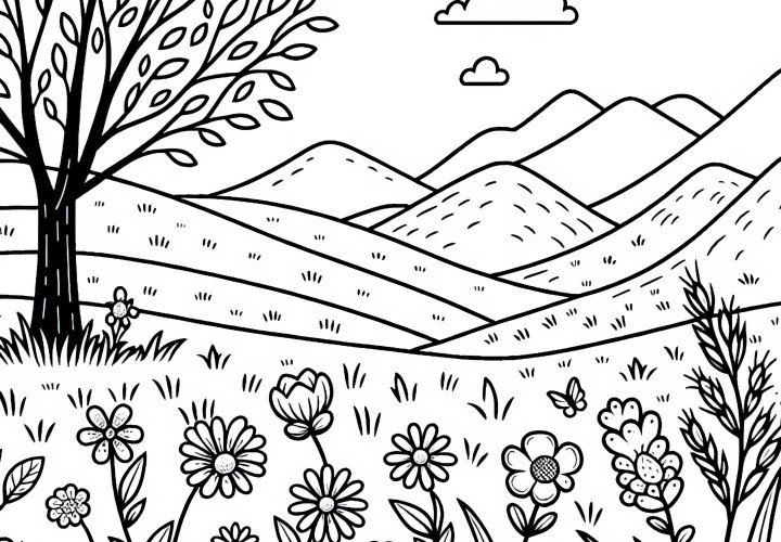 Meadow, flowers & grass in spring: free coloring sheet