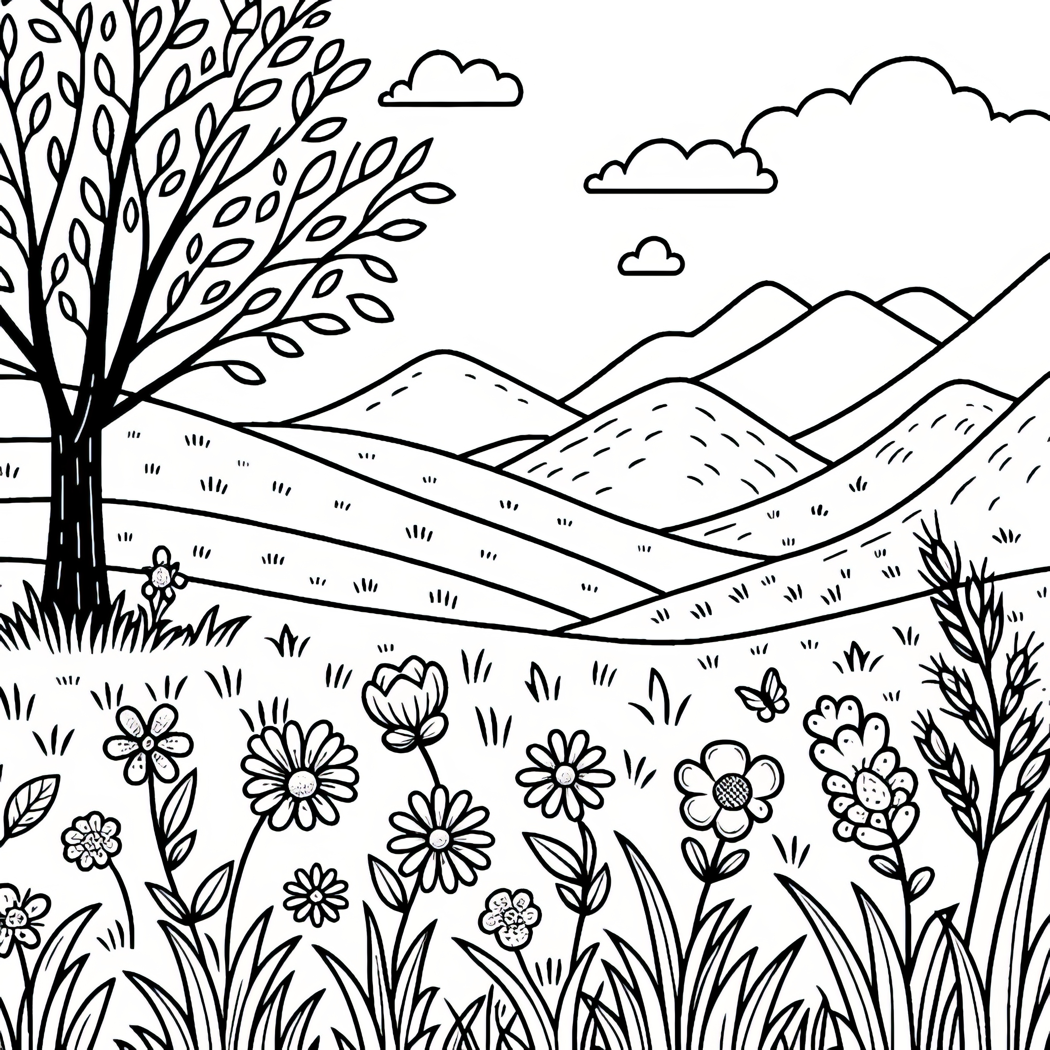 Meadow, flowers & grass in spring: free coloring page