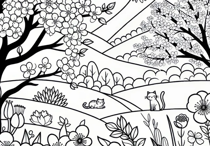 Blooming cherry trees in spring: free coloring page