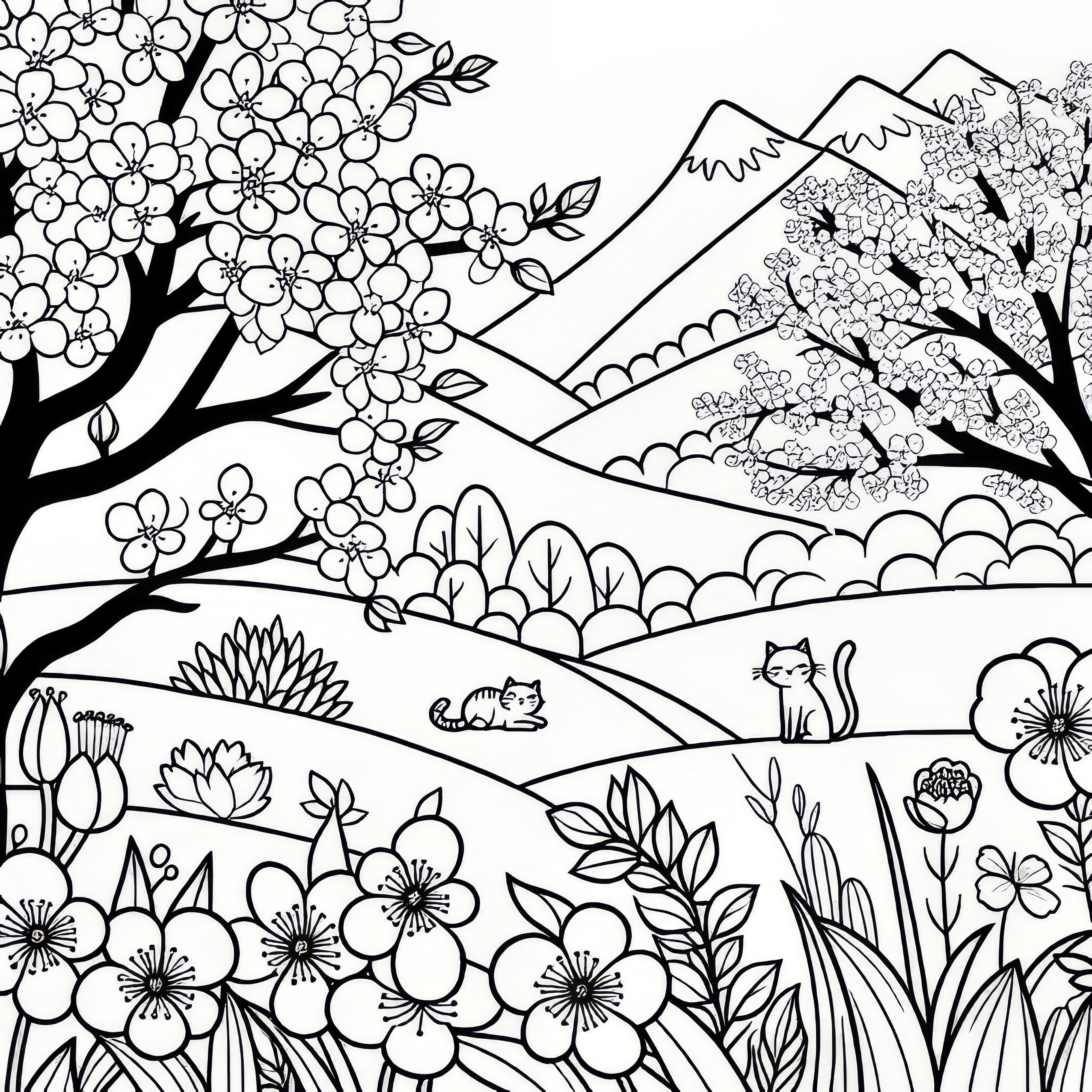 Blooming cherry trees in spring: free coloring page