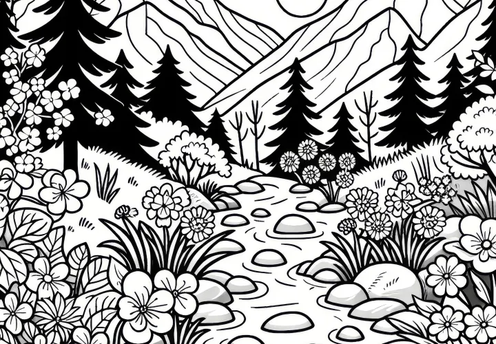 Mountain stream & blooming flowers in spring: coloring page