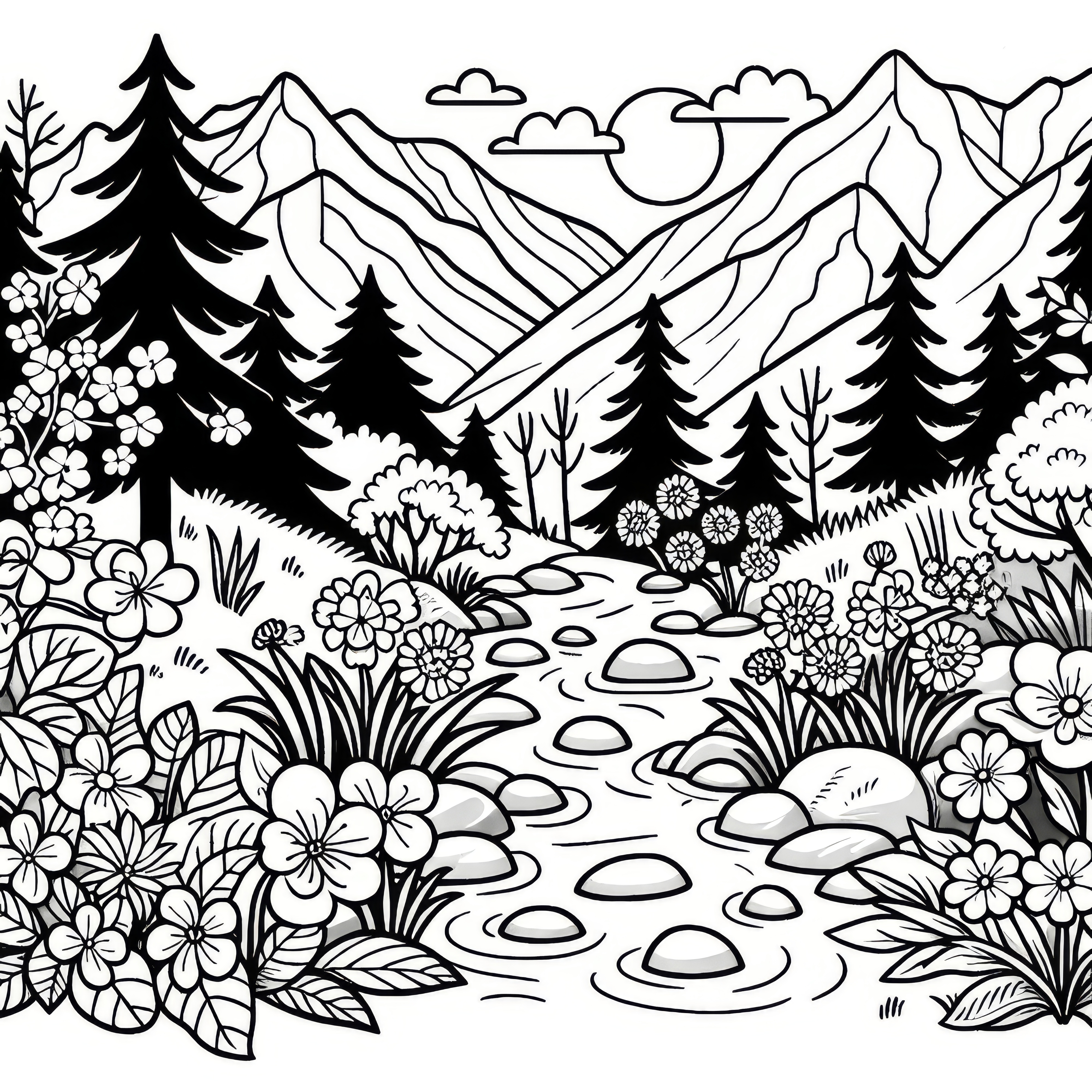 Mountain stream & blooming flowers in spring: coloring page