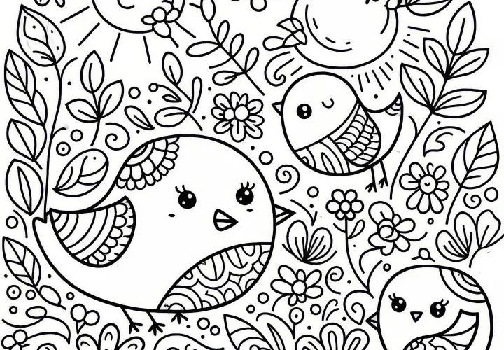 Spring pattern with birds: coloring picture