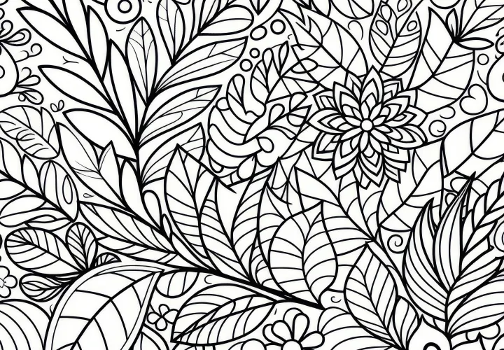 Spring pattern with leaves: free coloring page