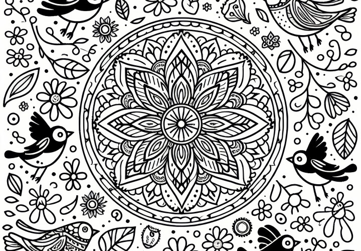 Spring mandala with birds: free coloring picture