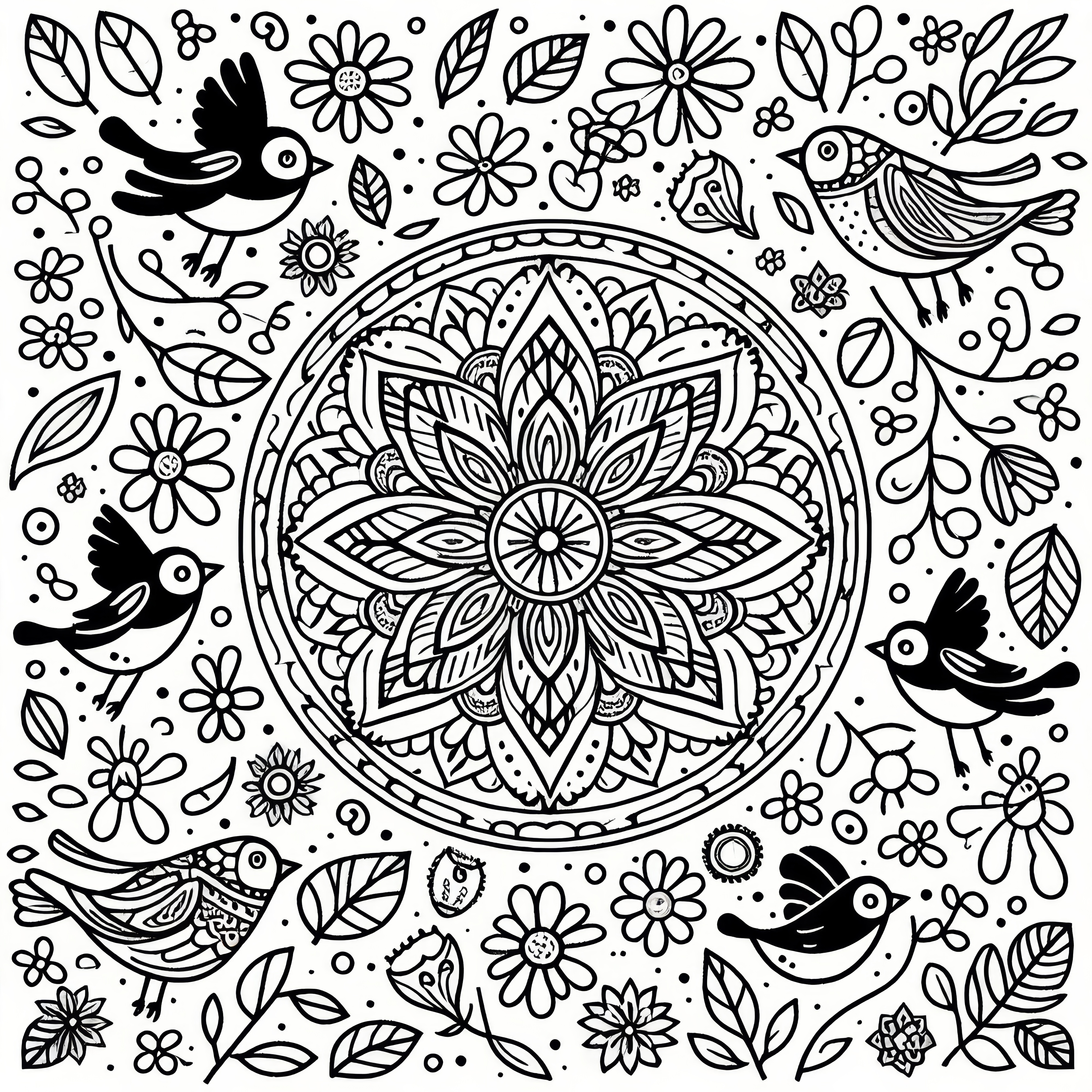 Spring mandala with birds: free coloring page