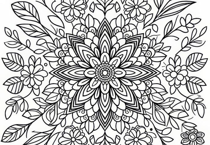 Spring mandala with flowers as a free coloring template