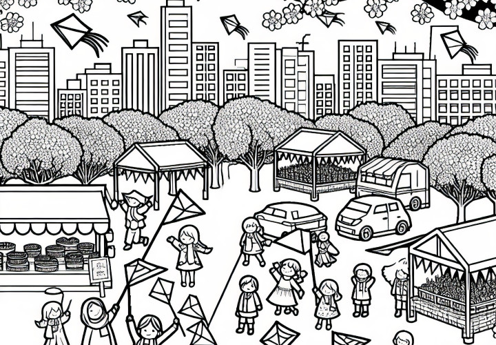 Spring festival in the city: free coloring page