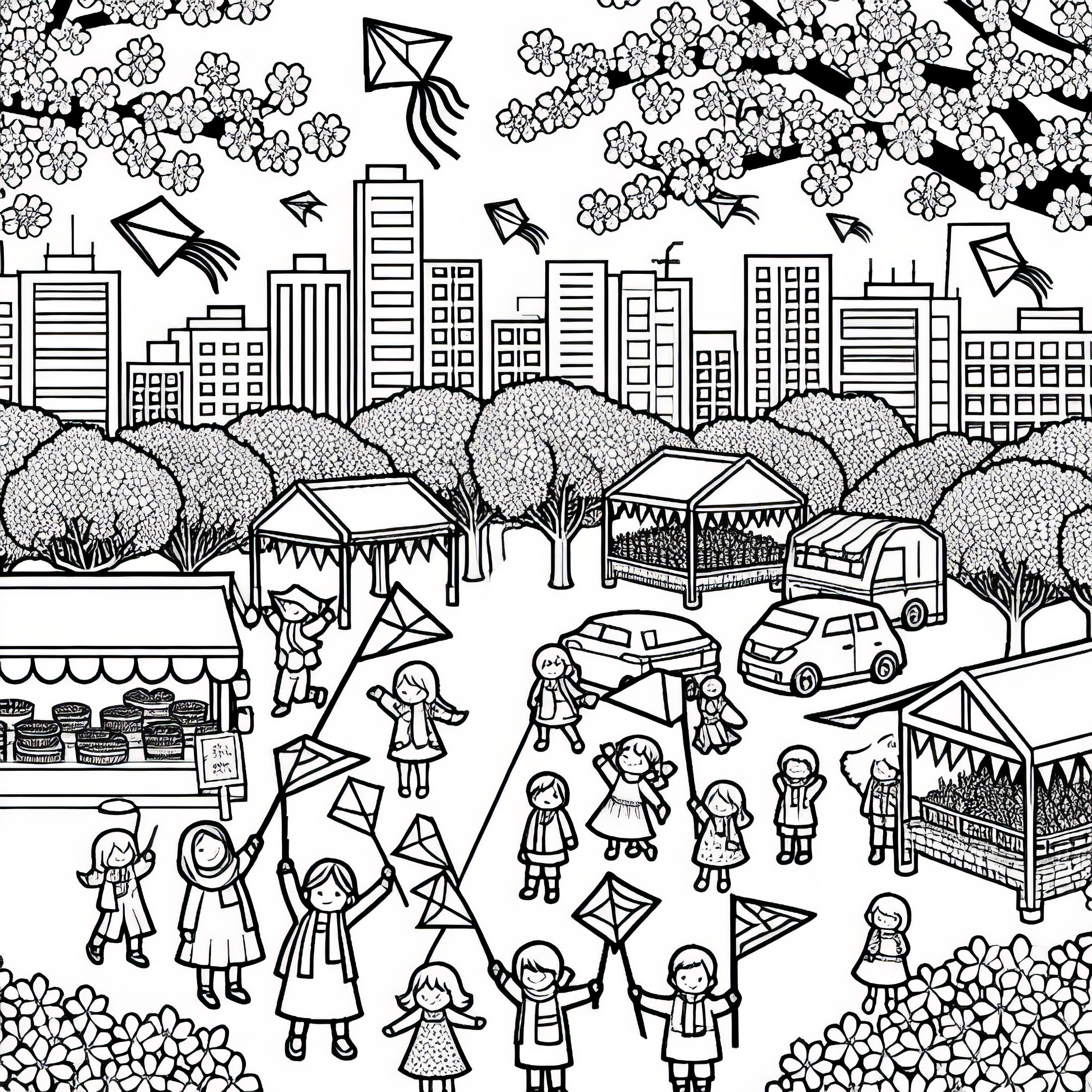 Spring festival in the city: free coloring page