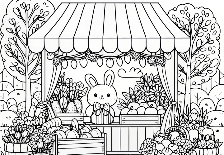 Spring market stall with flowers, fruit, and decorations: coloring page