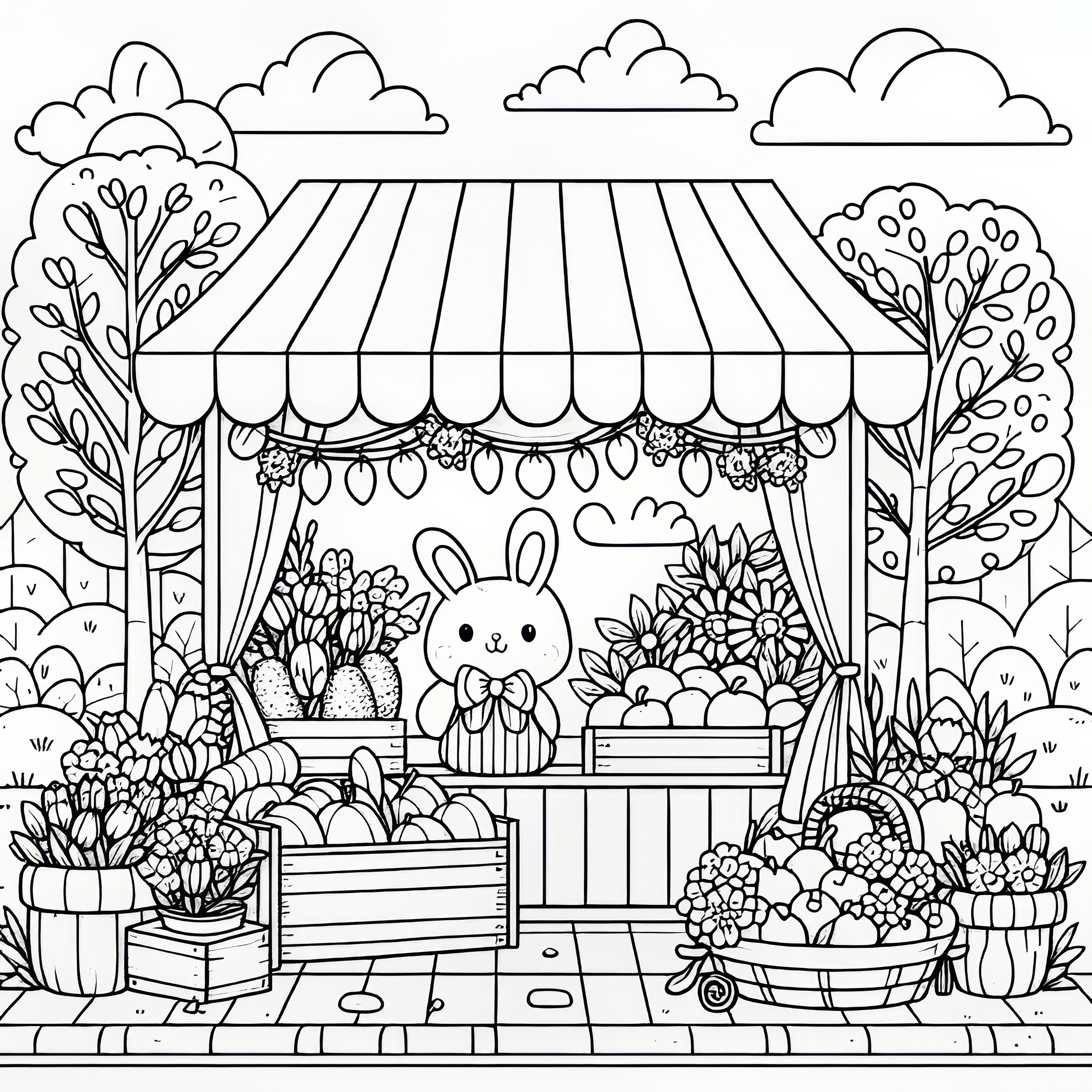 Spring market booth with flowers, fruit, and decorations: coloring page