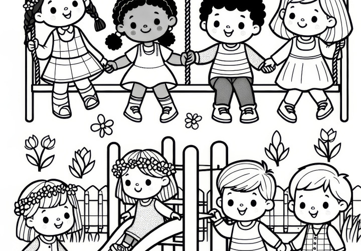 Children on the playground in spring: free coloring picture