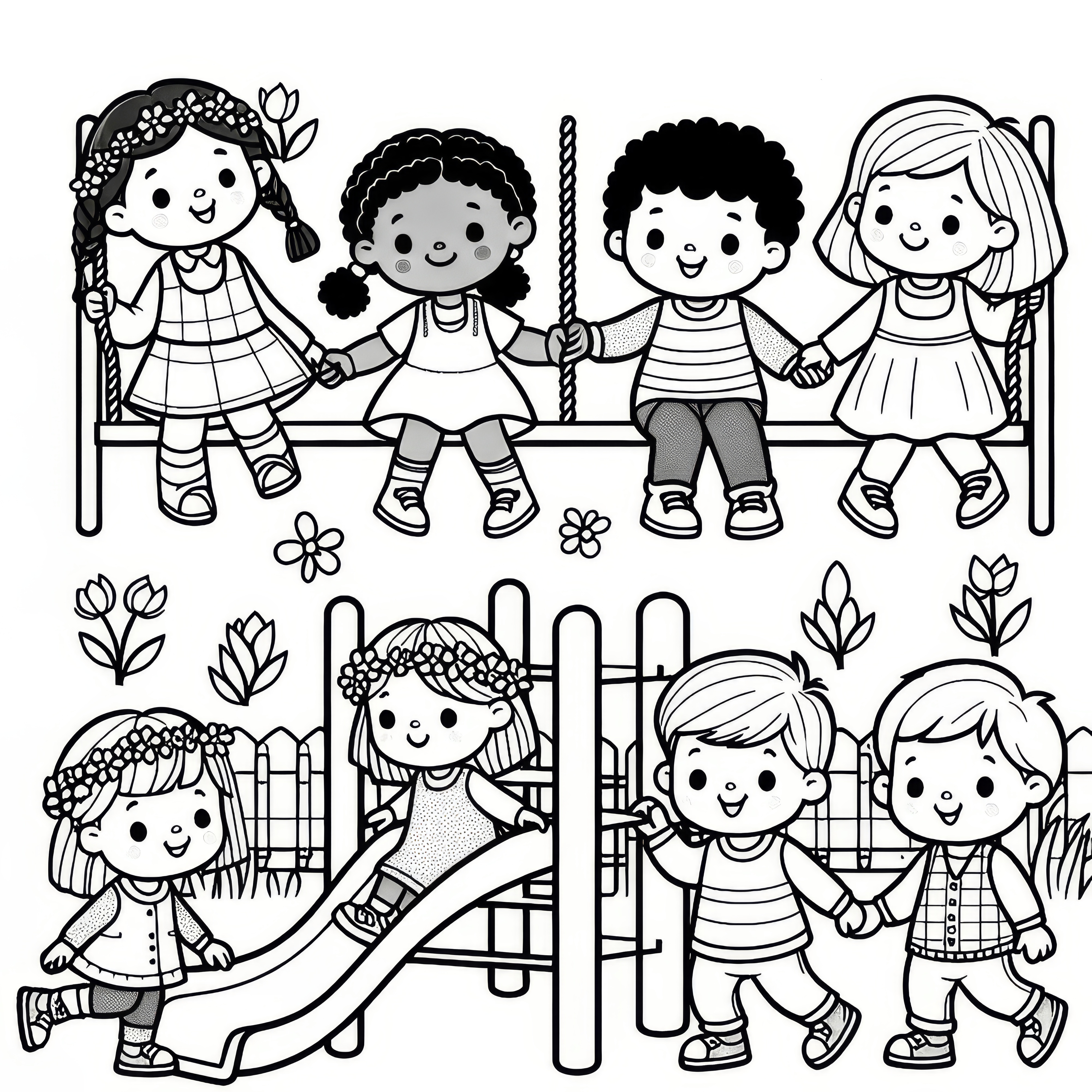 Children at the playground in spring: free coloring picture