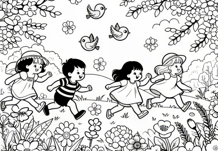 Children are running across a spring meadow: free coloring page