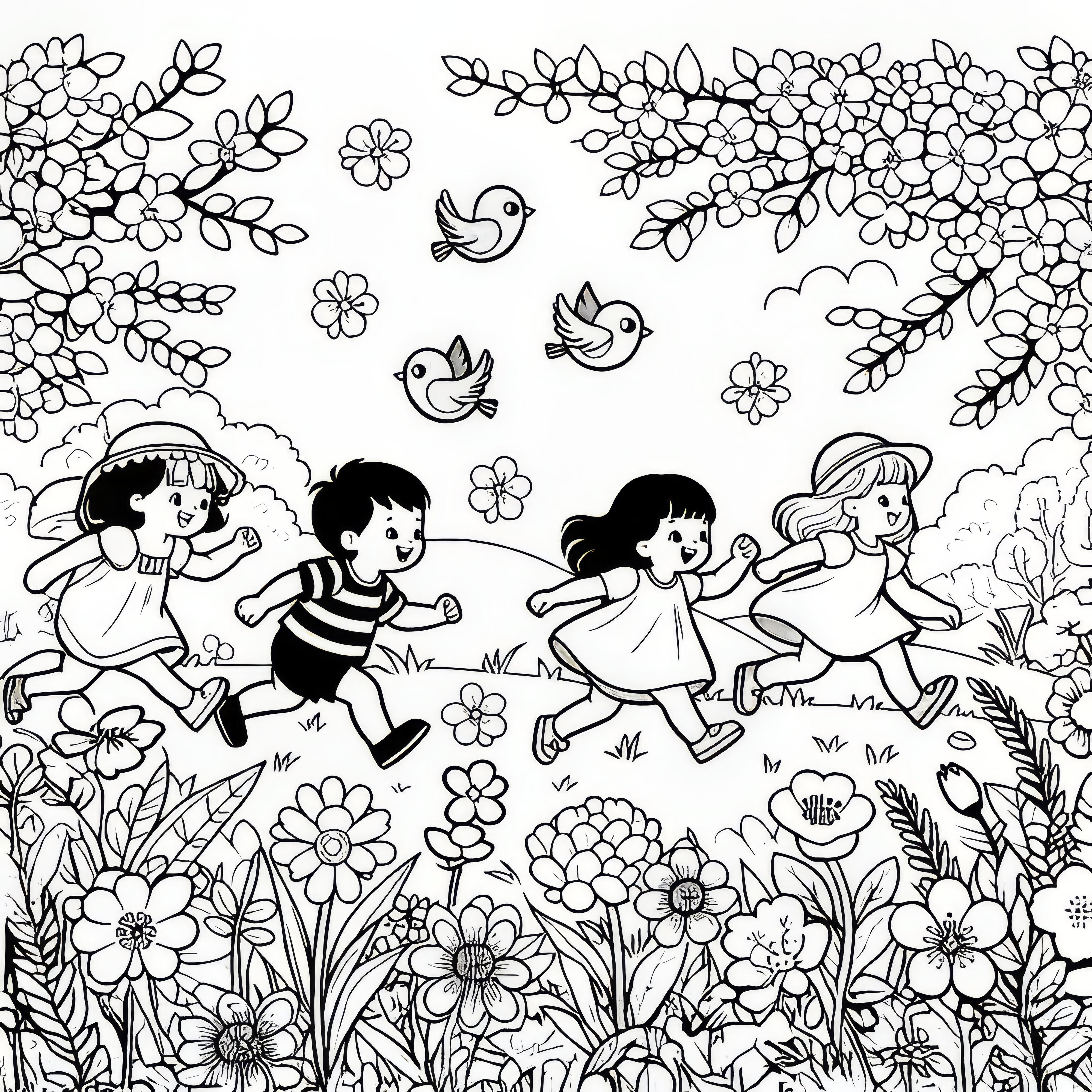 Children are running across a spring meadow: free coloring page