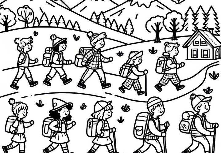 Hiking in spring: free coloring page