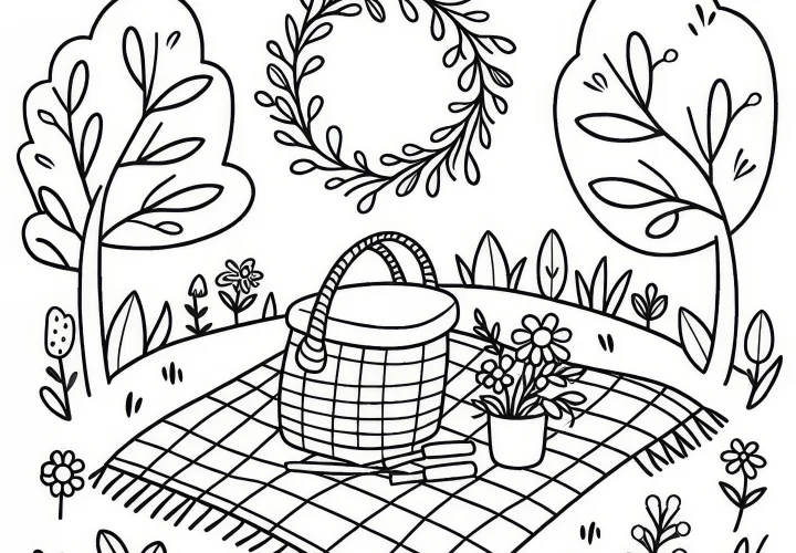 Picnic in the green: coloring picture for spring