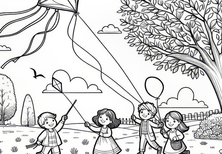 Children let kites rise on windy field in March: free coloring page