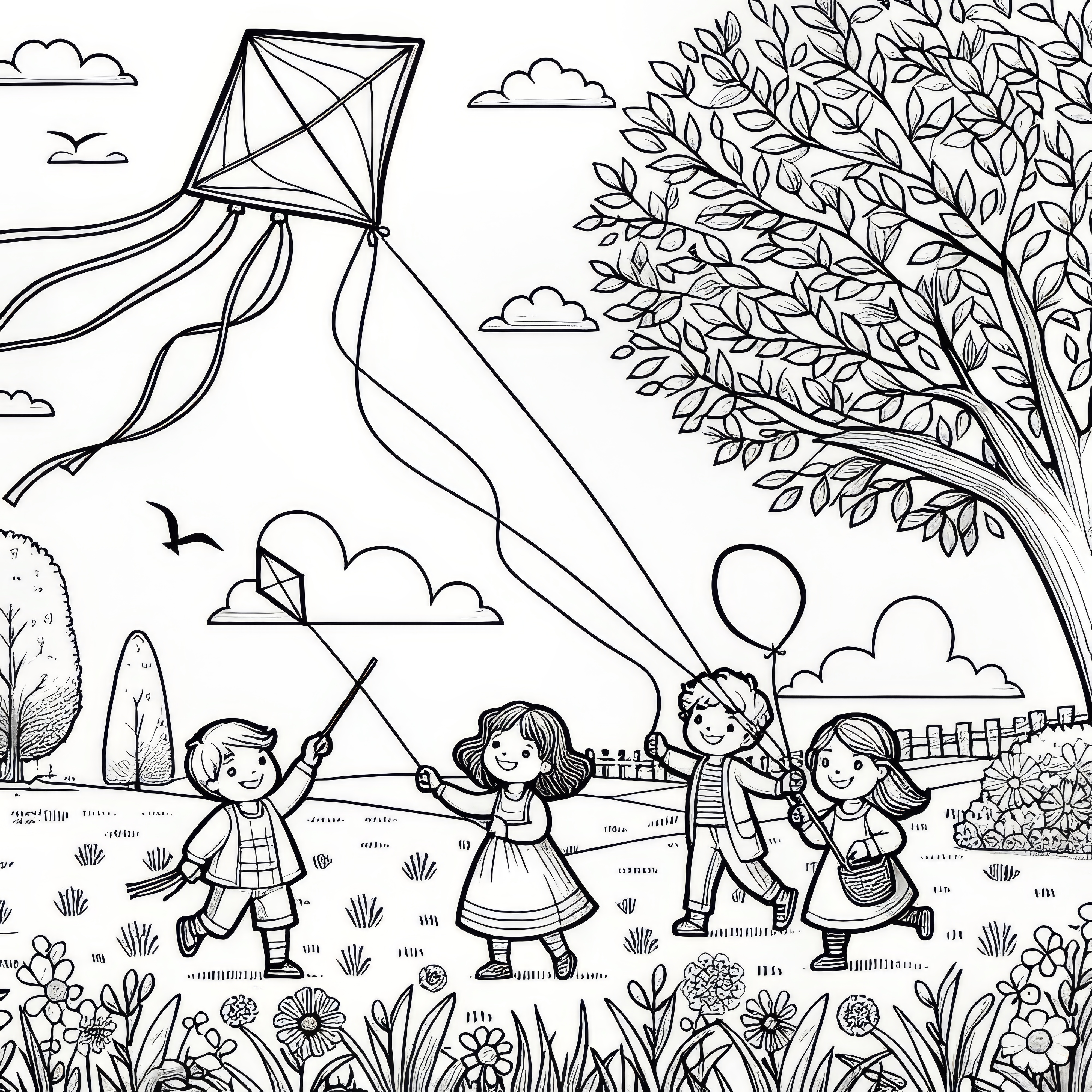 Children let kites rise on a windy field in March: Free coloring page