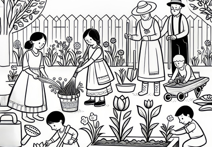 People and plants: First flowers in the garden in March as a coloring page (Free)