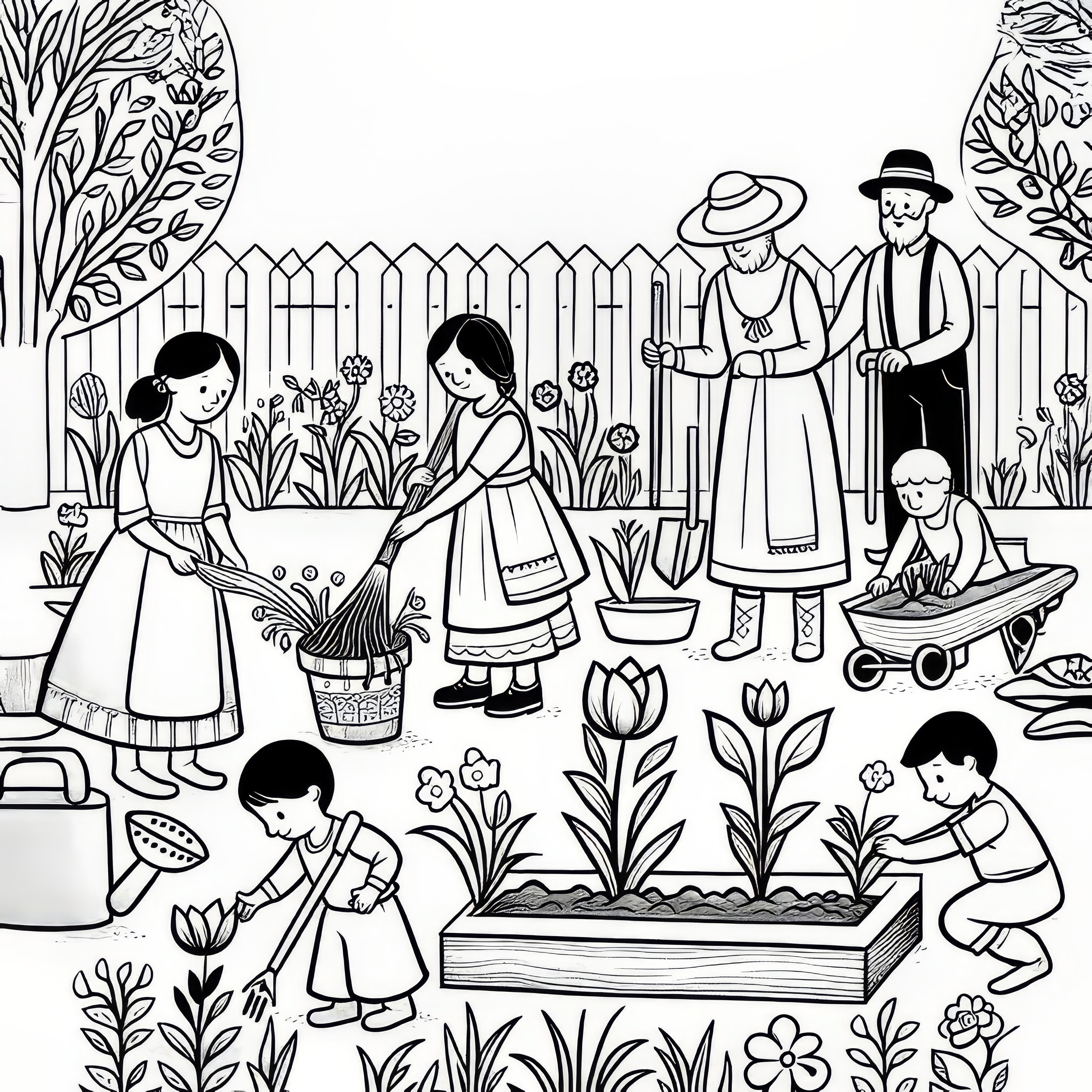 People and plants: First flowers in the garden in March as a coloring page (Free)